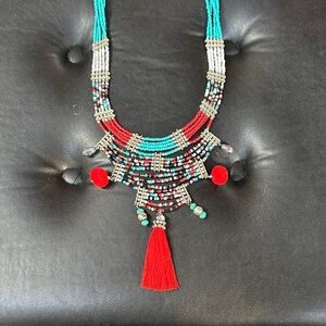 Handmade Seed Bead Statement American Indian Necklace Turquoise & Silver.